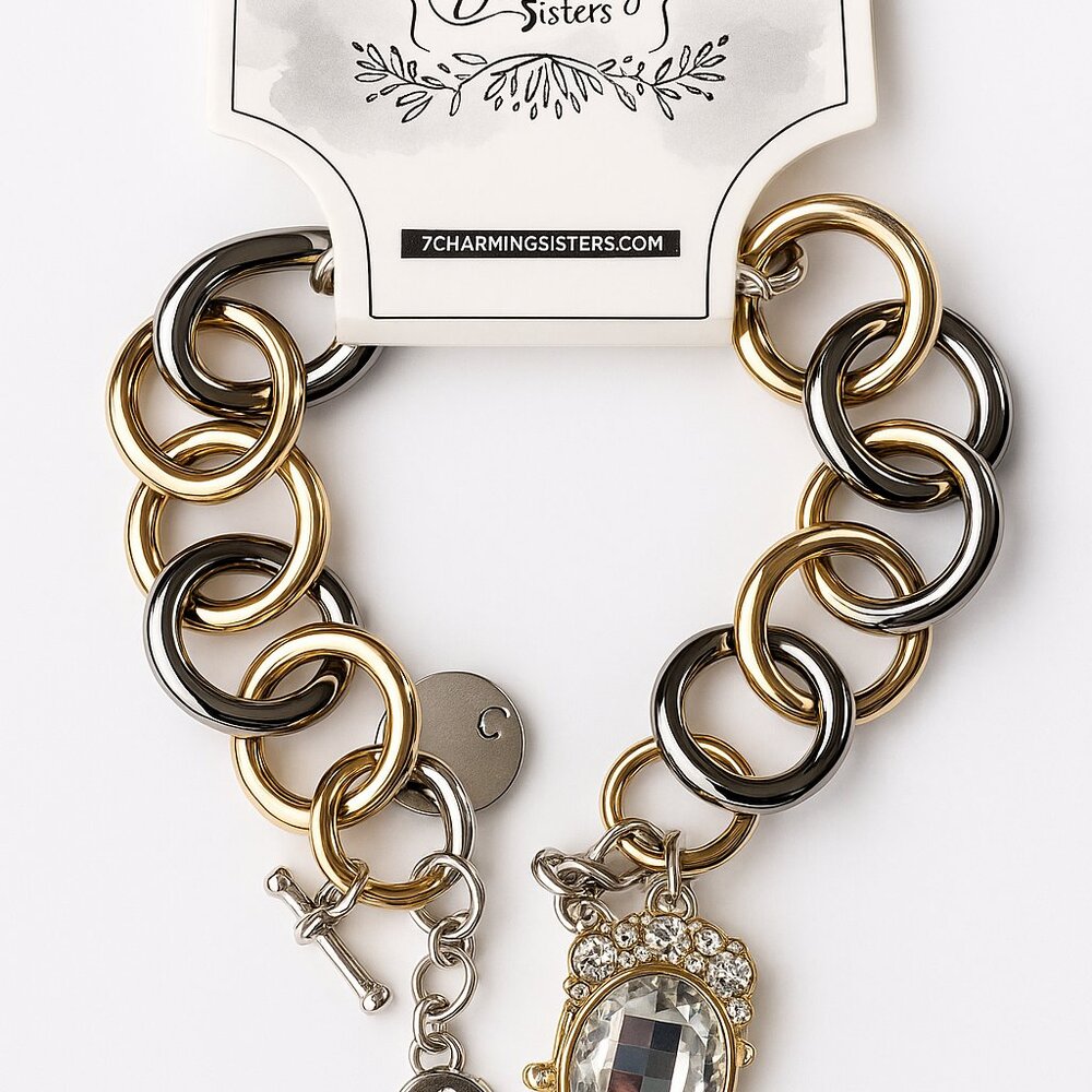 NWT 7‎ Charming Sisters Silver & Gold Link Toggle Charm Bracelet w/ Crystal Cham